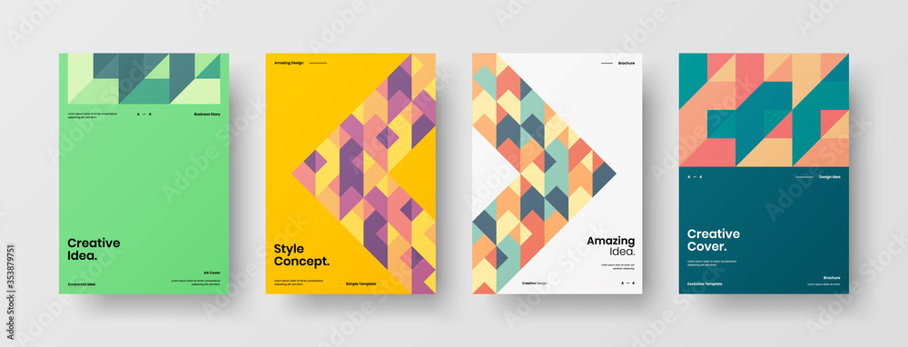Company identity brochure template collection. Business presentation vector A4 vertical orientation front page mock up set. Corporate report cover abstract geometric illustration design layout bundle.