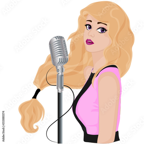 Girl singing into a microphone. Vector art