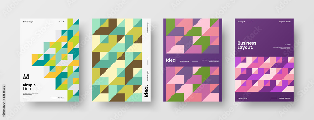 Company identity brochure template collection. Business presentation vector A4 vertical orientation front page mock up set. Corporate report cover abstract geometric illustration design layout bundle. Company identity brochure template collection. Business presentation vector A4 vertical orientation front page mock up set. Corporate report cover abstract geometric illustration design layout bundle.