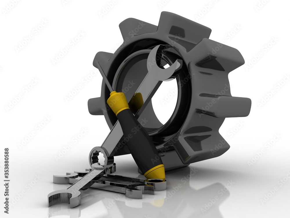 3d illustration Wrench and screwdriver on gear, service concept 3d illustration Wrench and screwdriver on gear, service concept