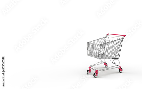 3D shopping cart with isolated on white background with copy space. 3d render metallic shopping cart and pink minimal valentine concept