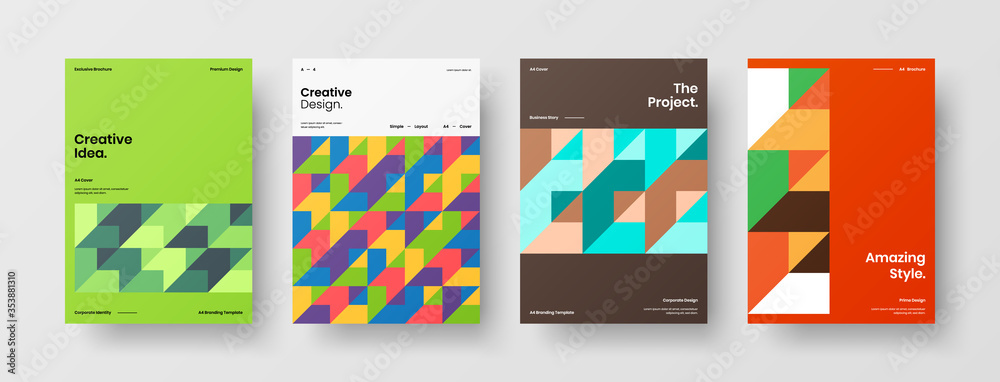 Company identity brochure template collection. Business presentation vector A4 vertical orientation front page mock up set. Corporate report cover abstract geometric illustration design layout bundle.