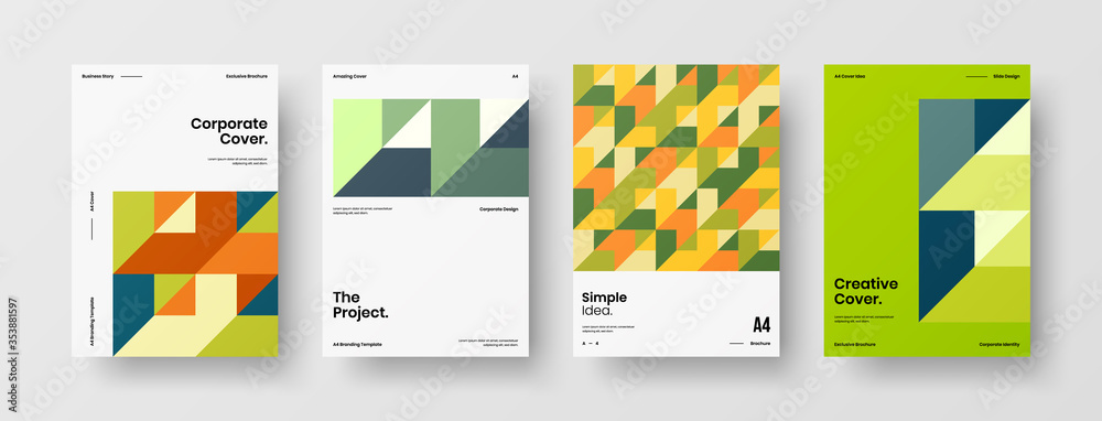 Fototapeta premium Company identity brochure template collection. Business presentation vector A4 vertical orientation front page mock up set. Corporate report cover abstract geometric illustration design layout bundle.