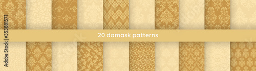 Big set of vector elegant damask patterns. Vintage royal patterns with a label. Seamless vector patterns.