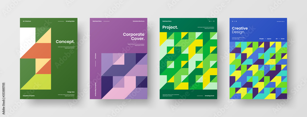 Naklejka premium Company identity brochure template collection. Business presentation vector A4 vertical orientation front page mock up set. Corporate report cover abstract geometric illustration design layout bundle.
