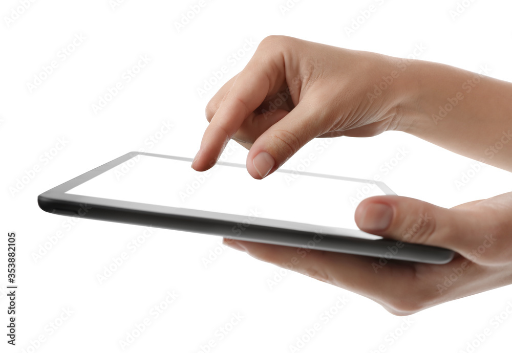 Woman using tablet computer with blank screen on white background, closeup. Modern gadget Woman using tablet computer with blank screen on white background, closeup. Modern gadget