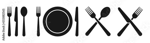 Set of fork, knife, spoon. Set in flat style. Silhouette of cutlery. Vector illustration