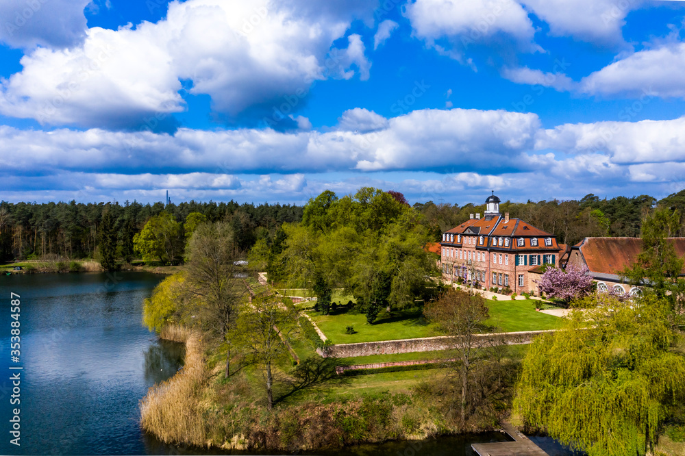 Aerial view, Emmerichshofen Castle on the Kahler Seenplatte, Alzenau, Hesse, Germany, Europe