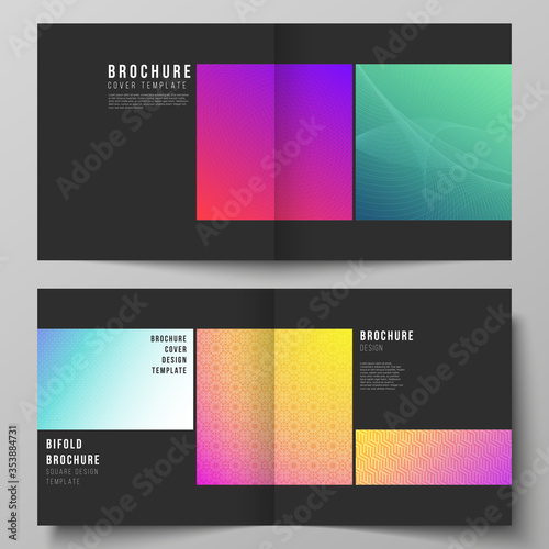 The vector illustration of editable layout of two covers templates for square design bifold brochure, magazine, flyer, booklet. Abstract geometric pattern with colorful gradient business background