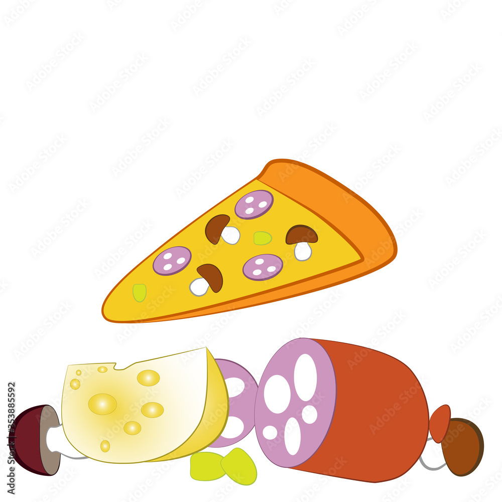 A slice of pizza and ingredients to it. A slice of pizza and ingredients to it.