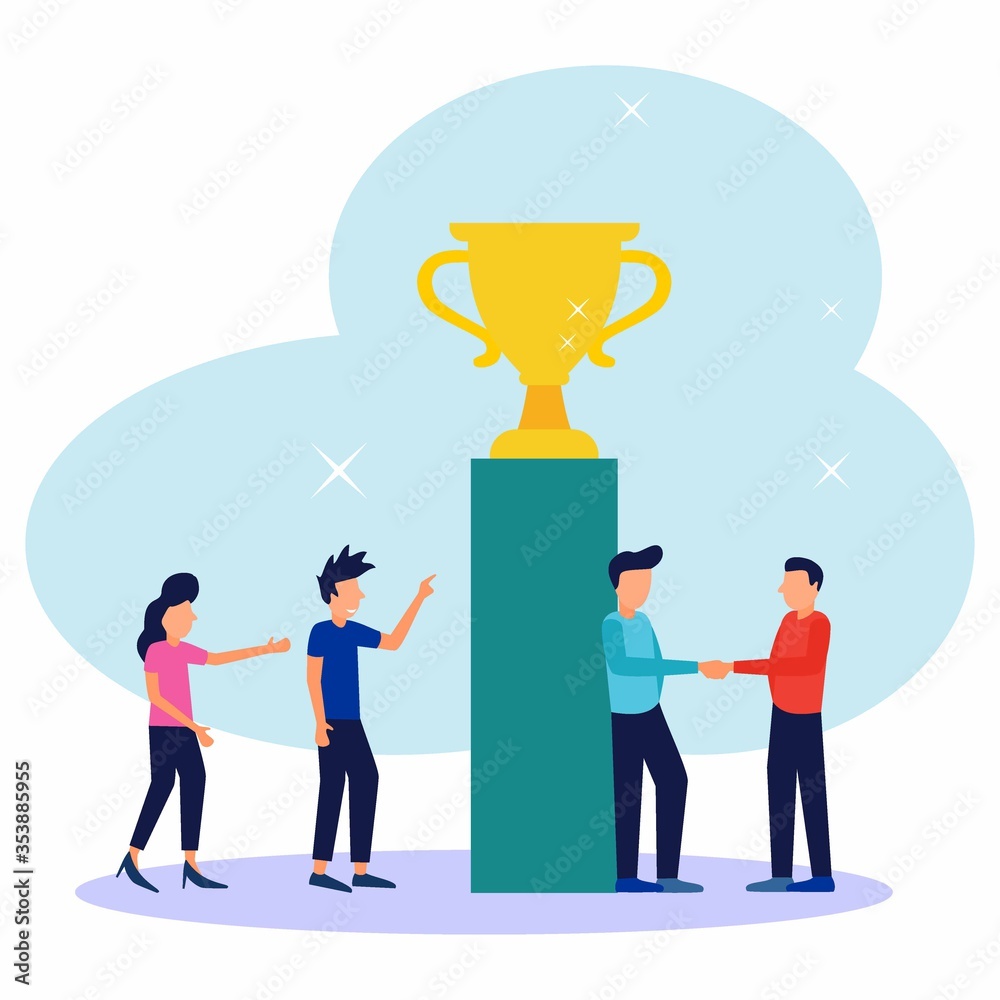 Vector illustration. people stand under the podium where the trophy is above it. best prize winning prize. Vector illustration. people stand under the podium where the trophy is above it. best prize winning prize.
