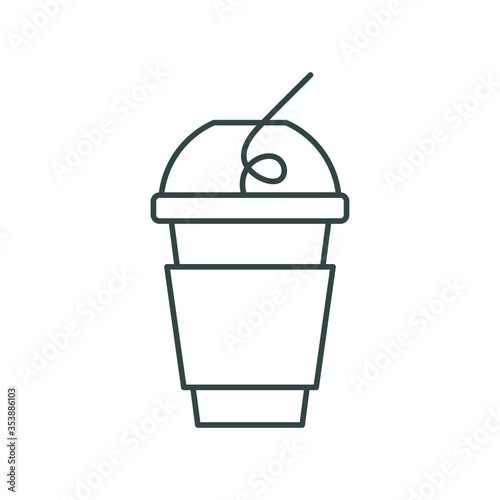 disposable paper cup with lid and tube, line icon