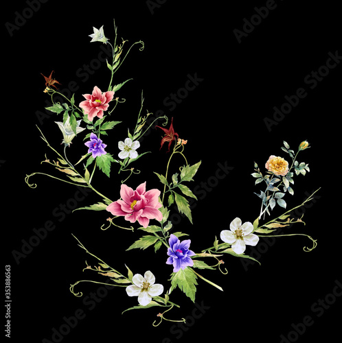 watercolor painting of leaves and flower, on dark background