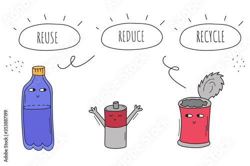 Cute and funny waste. Plastic bottle, can and old battery. Inscriptions in circles. Reuse, reduce, recycle. Vector illustration