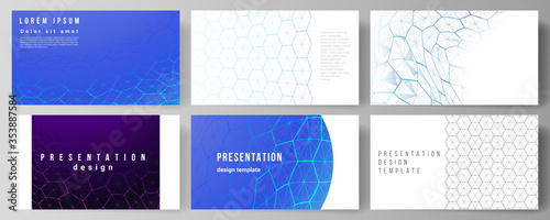 Vector layout of the presentation slides design business templates. Digital technology and big data concept with hexagons, connecting dots and lines, polygonal science medical background.