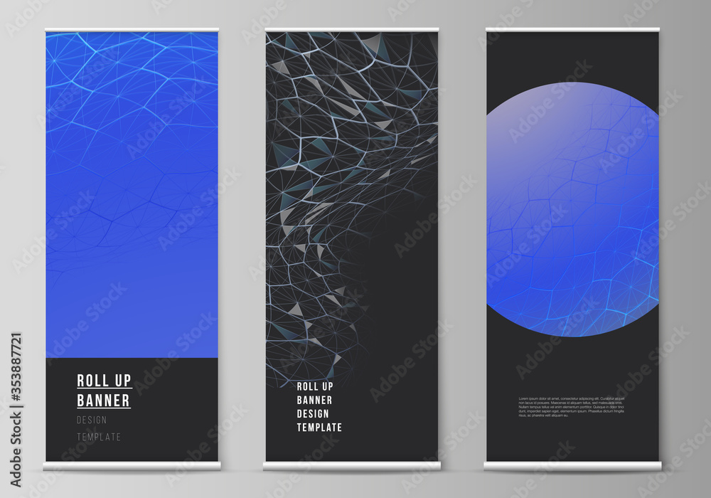 Vector layout of roll up banner stands, vertical flyers, flags design business templates. Digital technology and big data concept with hexagons, connecting dots and lines, science medical background.