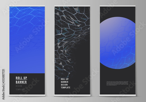 Vector layout of roll up banner stands, vertical flyers, flags design business templates. Digital technology and big data concept with hexagons, connecting dots and lines, science medical background.
