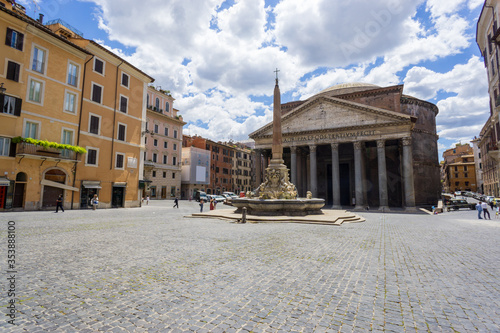 The Pantheon and the fountain in Piazza della Rotonda in Rome. Italy famous tourist attraction. Ancient Roman temple