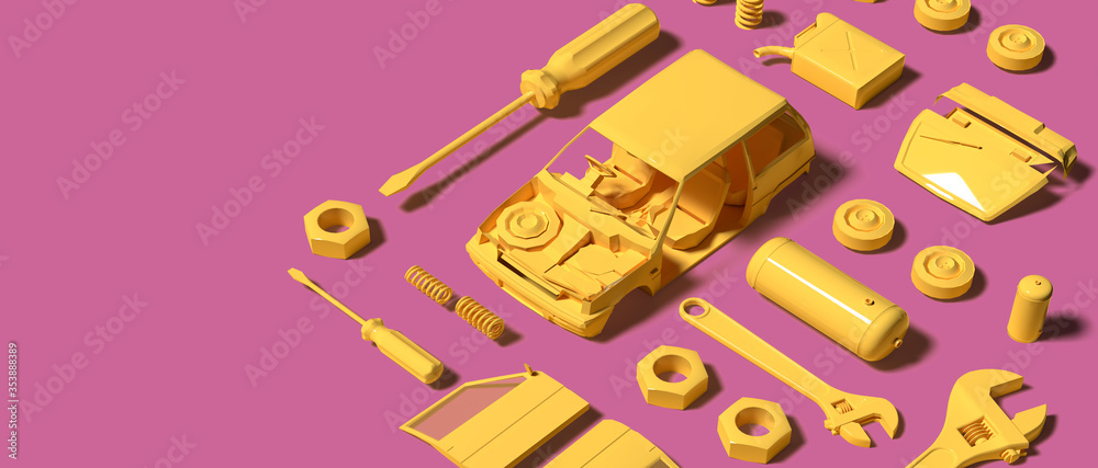 Yellow color of Plastic Model car with tools part on yellow background Yellow color of Plastic Model car with tools part on yellow background