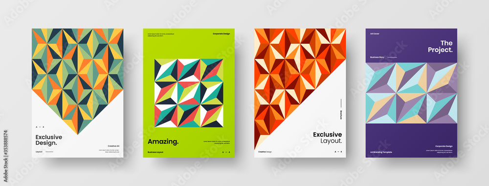 Fototapeta premium Company identity brochure template collection. Business presentation vector A4 vertical orientation front page mock up set. Corporate report cover abstract geometric illustration design layout bundle.