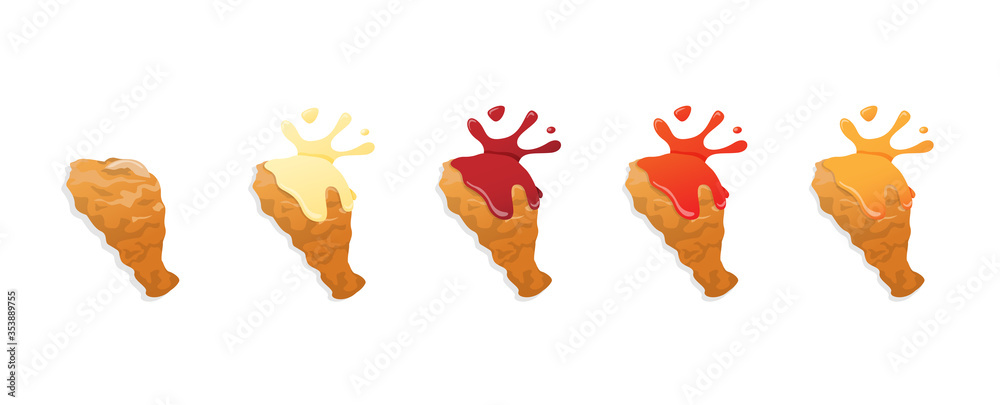 Obraz premium Set of fried chicken legs drumstick with different sauces splash, flat style vector illustration on white background, isolated.