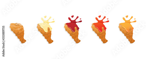 Set of fried chicken legs drumstick with different sauces splash, flat style vector illustration on white background, isolated.