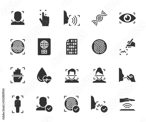 Vector set of biometric flat icons. Contains icons fingerprint, face identification, voice recognition, DNA, blood type, eye scan, digital signature and more. Pixel perfect.