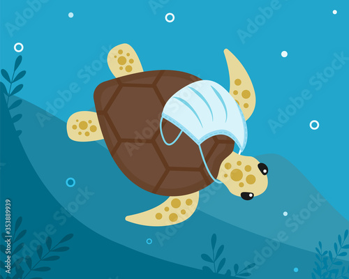 Tropical turtle with medical surgical protective face mask around its neck floats along bottom of ocean. Water pollution. Consequence of excessive use, overconsumption . Vector flat illustration.