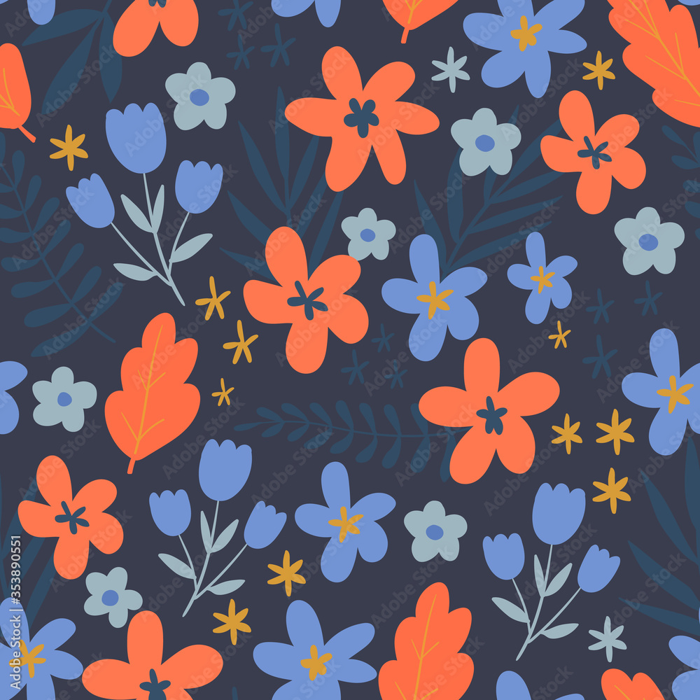 Floral seamless pattern. Vector floral pattern in trending colors.Design with simple flat colors. For fabric, textiles, wrapping paper, wallpaper