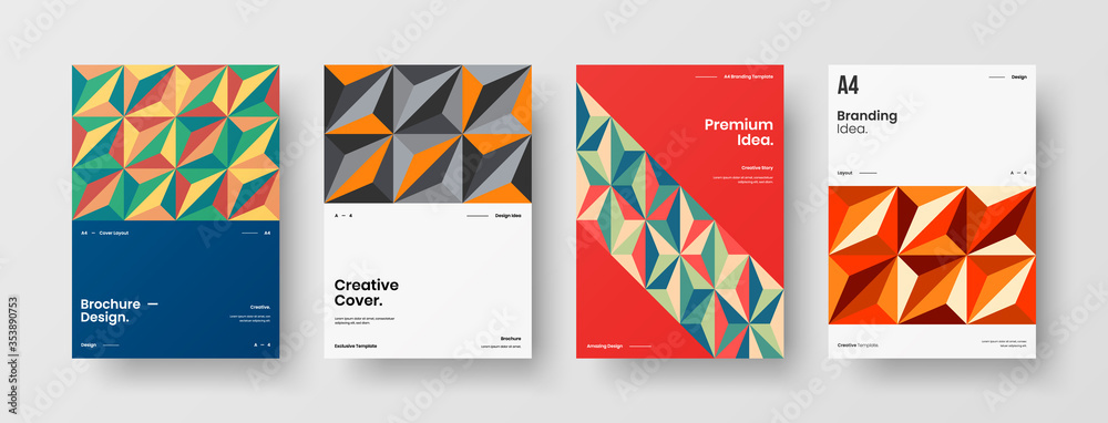 Company identity brochure template collection. Business presentation vector A4 vertical orientation front page mock up set. Corporate report cover abstract geometric illustration design layout bundle.