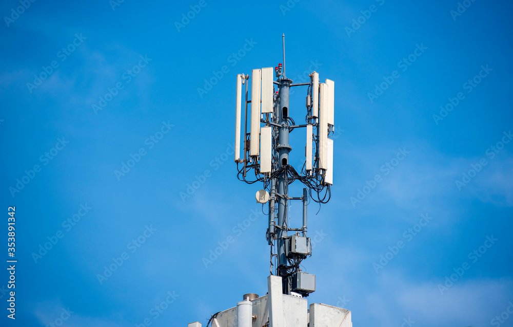 Telecommunication tower of 4G and 5G cellular. Cell Site Base Station. Wireless Communication Antenna Transmitter Telecommunication tower of 4G and 5G cellular. Cell Site Base Station. Wireless Communication Antenna Transmitter