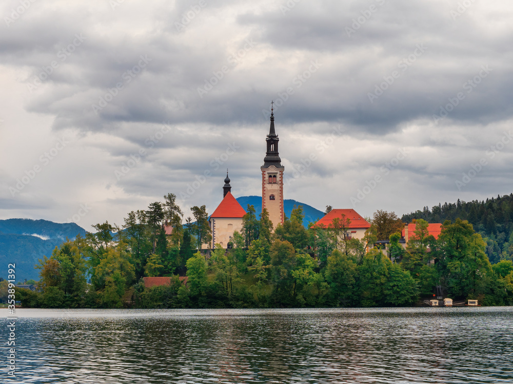 Bled island landscape with Pilgrimage Church of the Assumption of Maria on Bled lake