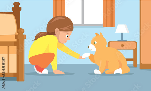 Girl playing with her pet cat in her bedroom