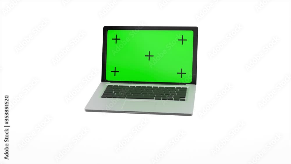Modern laptop with a green screen opens on a white background. 4K animation with alpha channel. 3D rendering Modern laptop with a green screen opens on a white background. 4K animation with alpha channel. 3D rendering