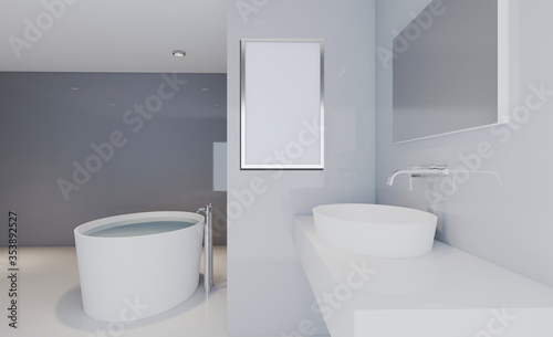 Spacious bathroom in gray tones with heated floors, freestanding tub. 3D rendering. Mockup. Empty paintings