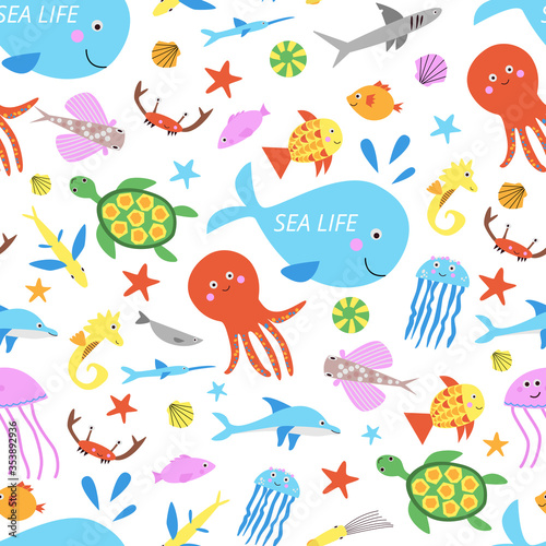 Cute sea animals seamless vector pattern with kawaii isolated marine creatures on white background. Sea life print illustration with whale octopus jellyfish dolphin shark and sea turtle © Plameniya