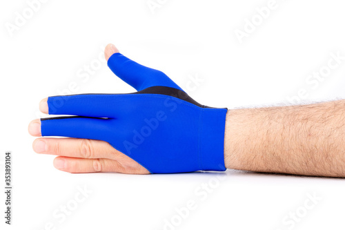 billiard gloves, pool glove, male hand worn, white background