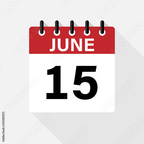June 15 Calendar Icon. Calendar Icon with shadow. Flat style. Date, day and month. EPS