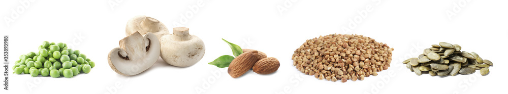 Set with food rich in protein on white background. Banner design