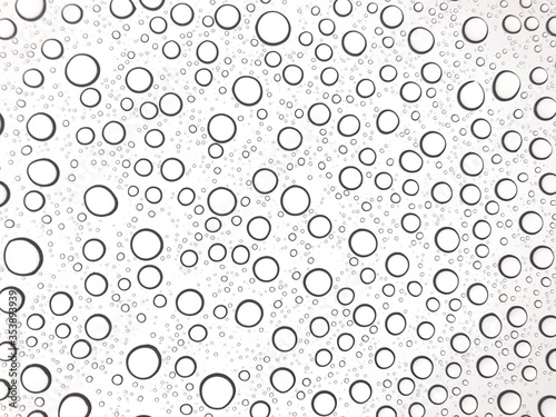 Close up of water droplets on glass. Rain drops on white background