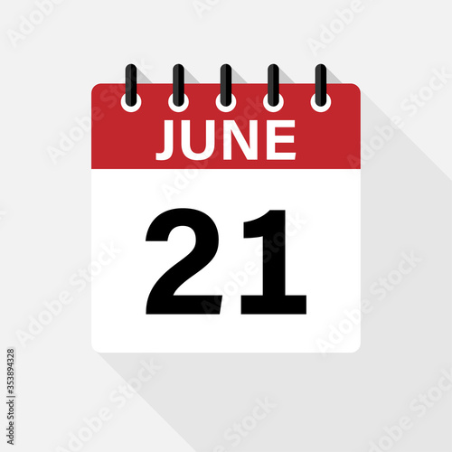 June 21 Calendar Icon. Calendar Icon with shadow. Flat style. Date, day and month. EPS