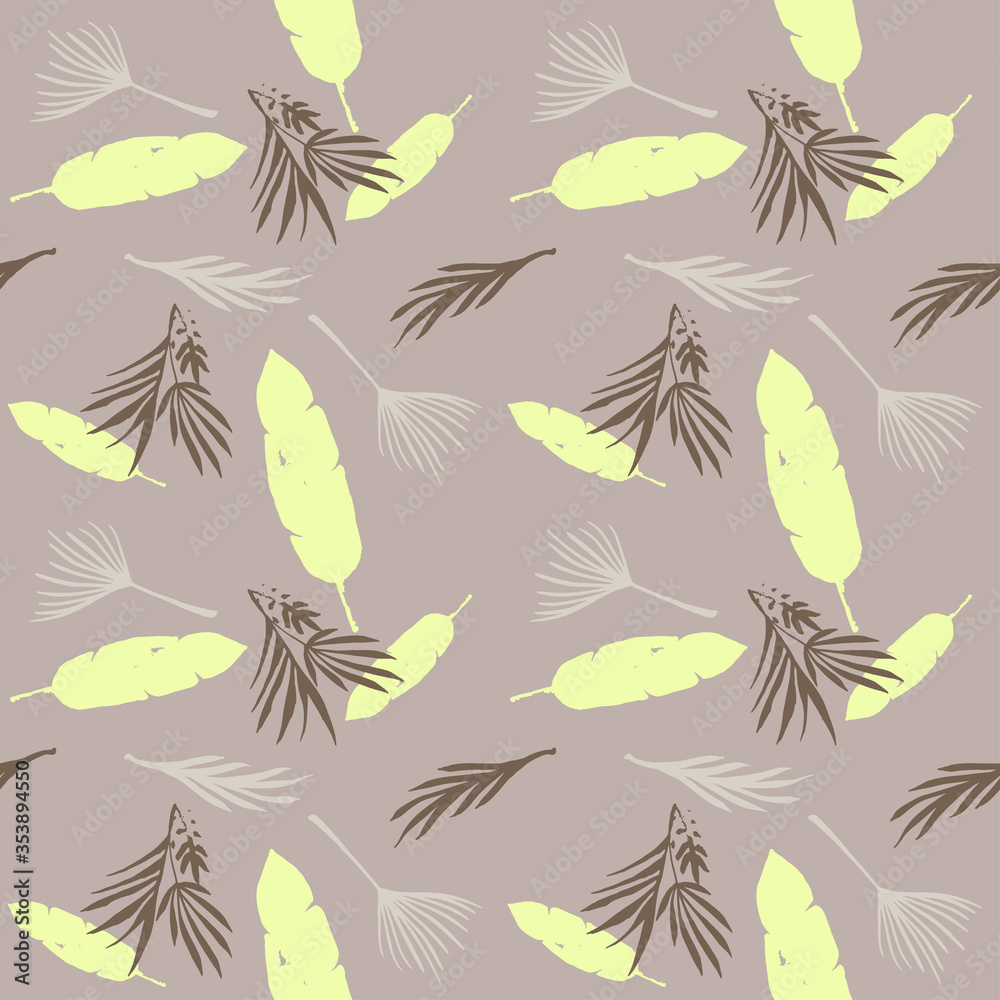 Trendy Tropical Vector Seamless Pattern. Feather Monstera Dandelion Banana Leaves Tropical Seamless Pattern. 