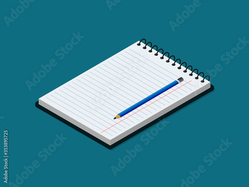 Isometric notebook with lined paper and pencil. Flat stationary copybook for writing text. Isometry open office book with spiral for message. Blank notepad for education in school. vector diary.