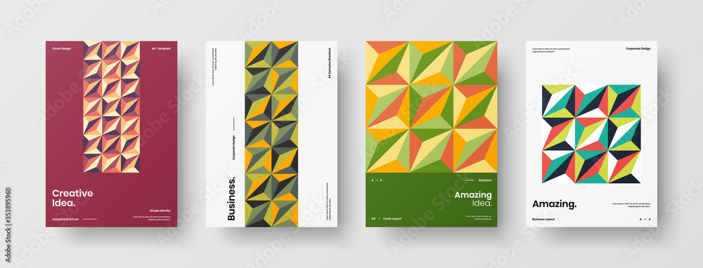 Obraz premium Company identity brochure template collection. Business presentation vector A4 vertical orientation front page mock up set. Corporate report cover abstract geometric illustration design layout bundle.