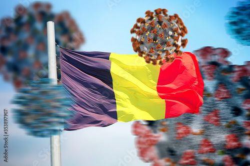 3D image flag of Belgium and coronaviruses