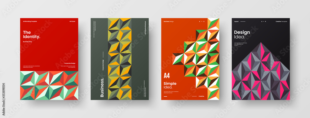 Company identity brochure template collection. Business presentation vector A4 vertical orientation front page mock up set. Corporate report cover abstract geometric illustration design layout bundle.