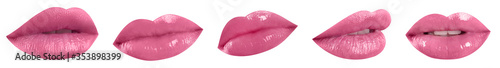 Set of mouths with beautiful makeup on white background, banner design. Glossy pink lipstick