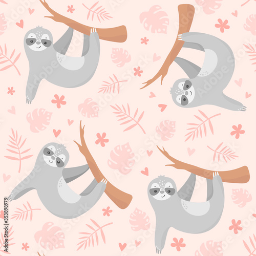 Vector seamless tropical pattern with cute sloth,
tropical leaves, flowers and heart. Hand drawn pink
background with funny sloth hanging on the tree
