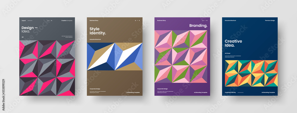 Obraz premium Company identity brochure template collection. Business presentation vector A4 vertical orientation front page mock up set. Corporate report cover abstract geometric illustration design layout bundle.