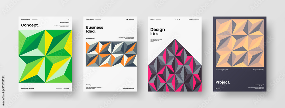 Company identity brochure template collection. Business presentation vector A4 vertical orientation front page mock up set. Corporate report cover abstract geometric illustration design layout bundle.